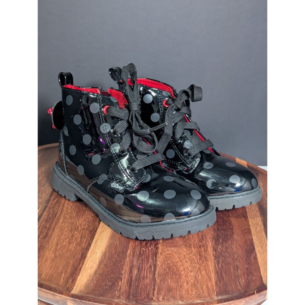Disney Minnie Mouse Toddler Girls Black Patent Polka Dot Combat Boots Size 9